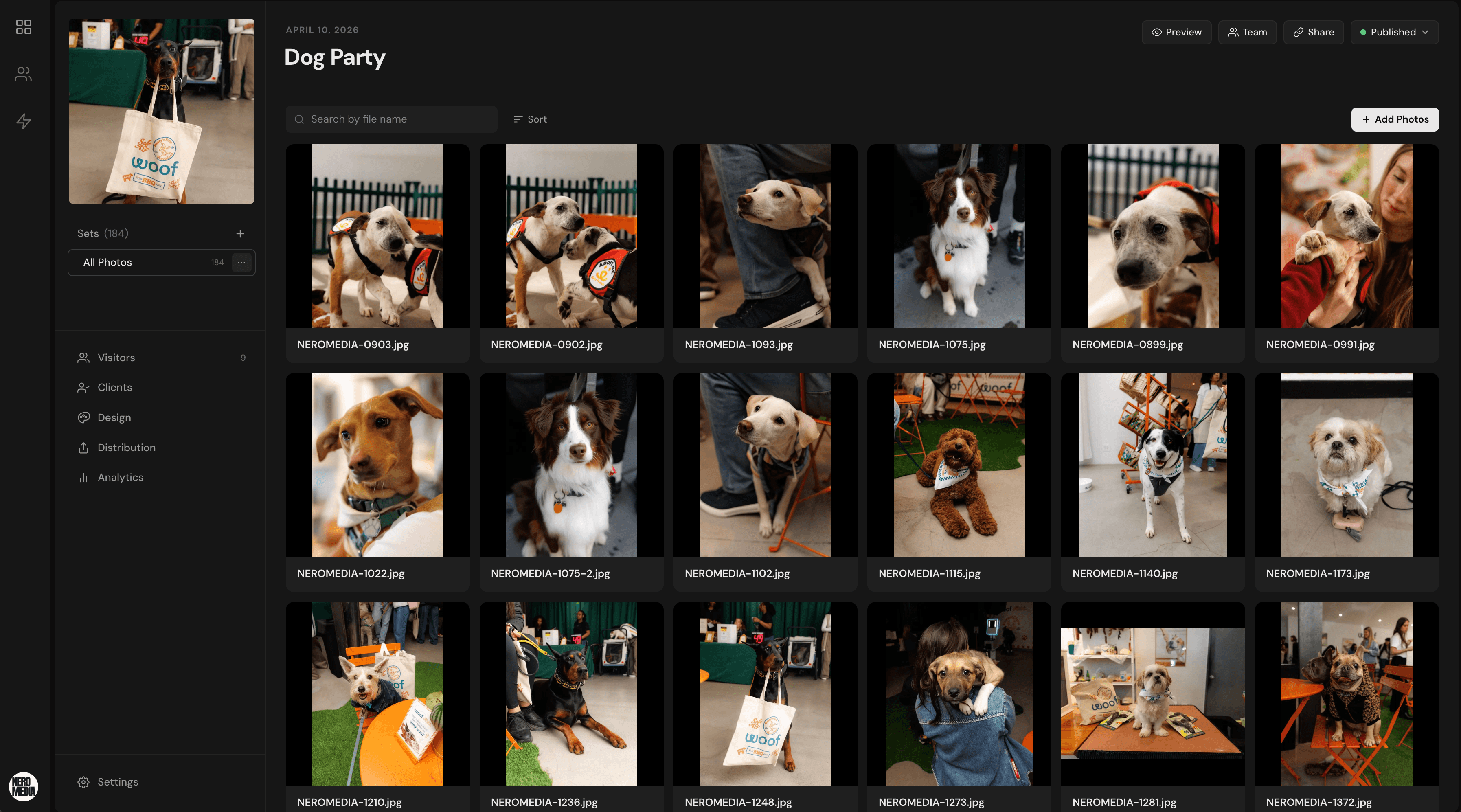 A Guestlist creator gallery — cover, photo sets, and the photo grid, ready to share
